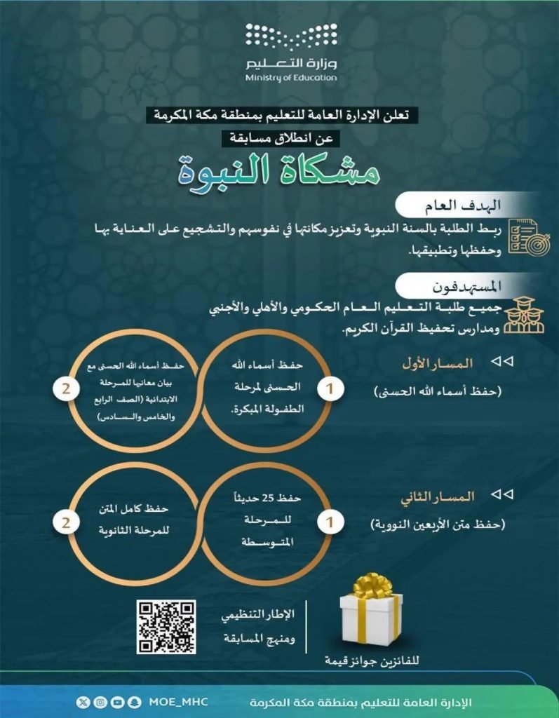 "تعليم مكة" يطلق مسابقة "مشكاة النبوة" لتعزيز ارتباط الطلاب بالسنة النبوية