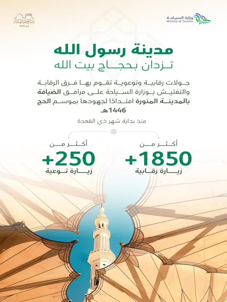 وزارة السياحة تُكثف رقابتها بـ1850 جولة لضمان جودة الضيافة لحجاج المدينة المنورة