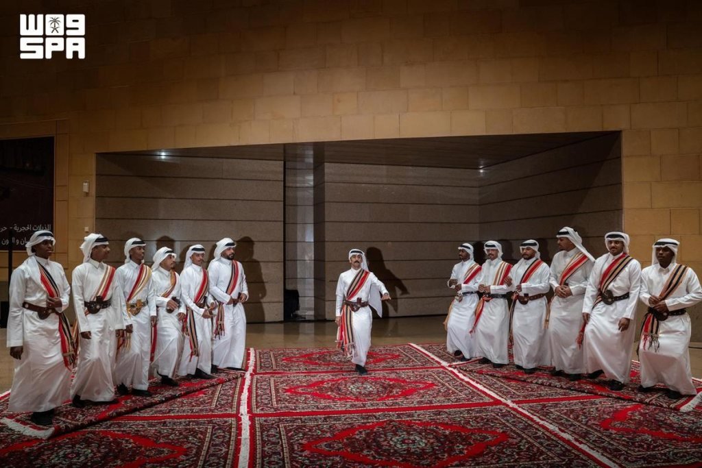 A group performing a traditional Saudi art at the National Museum in Riyadh